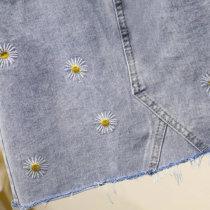 

Retro Daisy Embroidery Mini Denim Skirts Skinny A-line Skirt Female Plus Size High Waist College Style Short Jean Faldas Summer