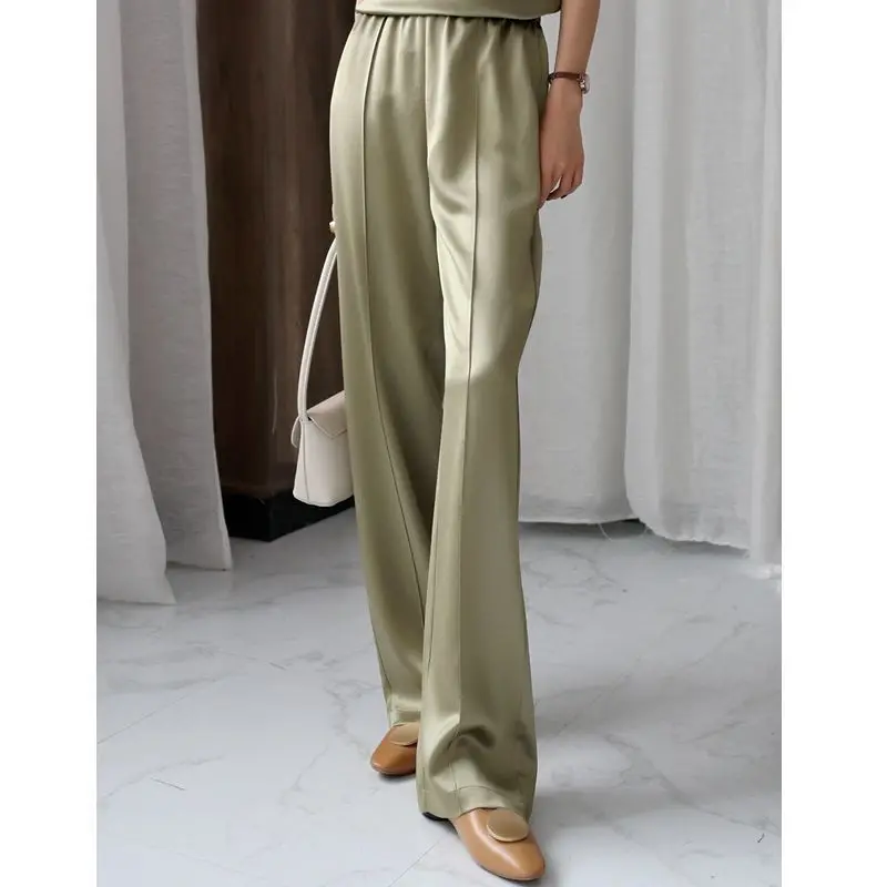 

2020 Summer Autumn Acetate Satin Office Lady Slim Wide Leg Pants Elegant Womens Formal Vintage Trousers Full Length Pants