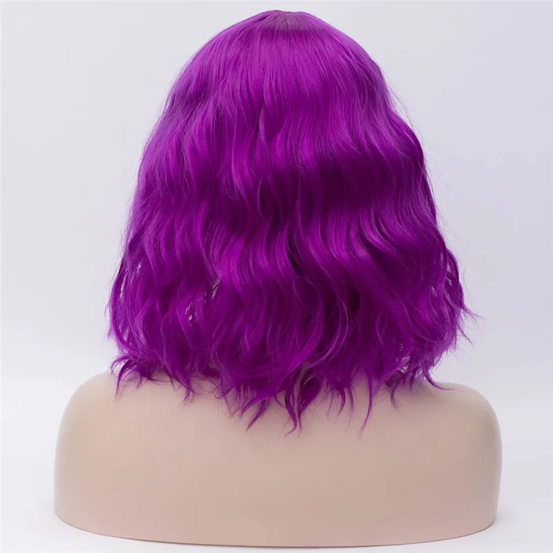 dark purple MSI Wigs, Короткие парики для косплея, фиолетовый, для женщин, кудрявый, красный, синий, парик с боковой челкой, зеленый, розовый, синтетический парик, жаростойкий - Цвет: dark purple