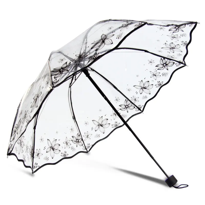 Paraguas de lluvia de tres pliegues para mujer, sombrilla transparente de PVC transparente, automática, con estampado de flores, para niñas y niños