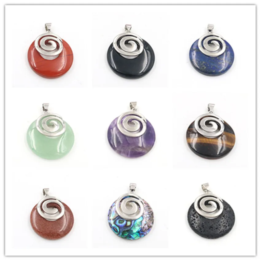 

FYJS Unique Silver Plated Spiral Symbol Round Hollow Lapis Lazuli Pendant Green Turquoises Stone Jewelry