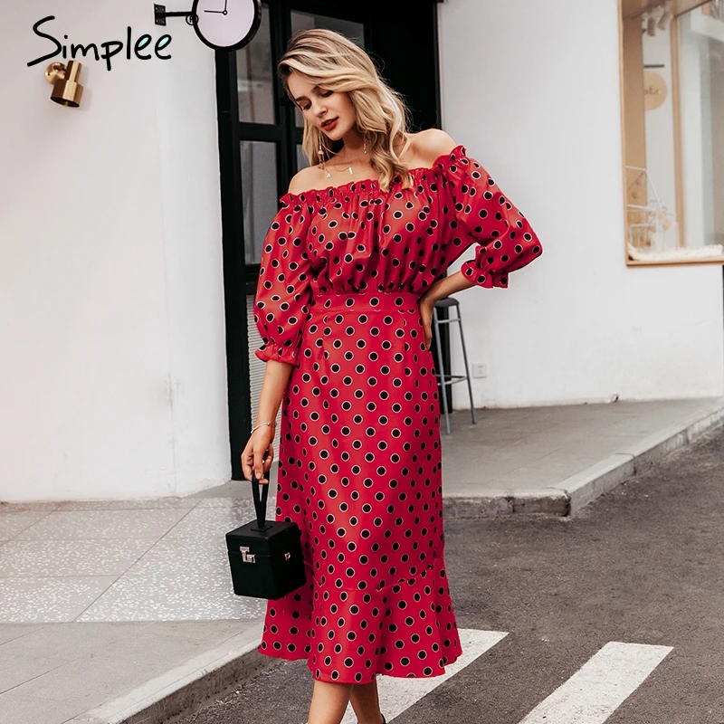 Simplee сексуальное платье с открытыми плечами длинное узкое в горошек для женщин