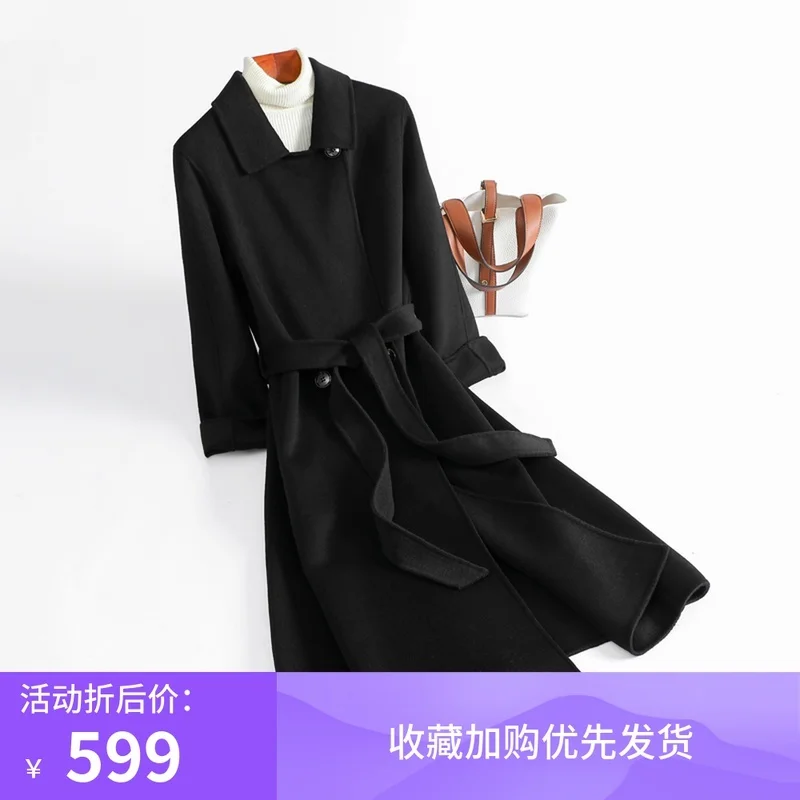 

2021 autumn new double-sided cashmere coat women's black medium long all wool coat Korean high-end coat