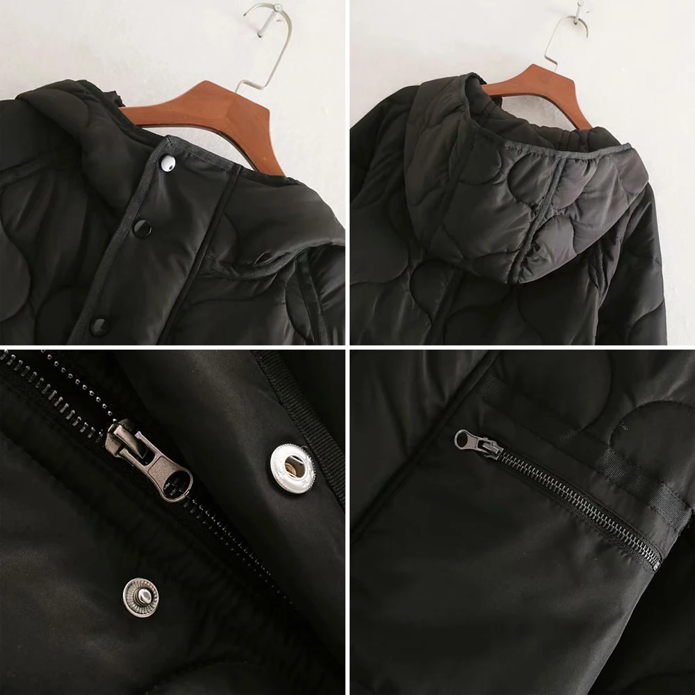 Женская длинная куртка с капюшоном ZA черная Повседневная приталенная хлопковая