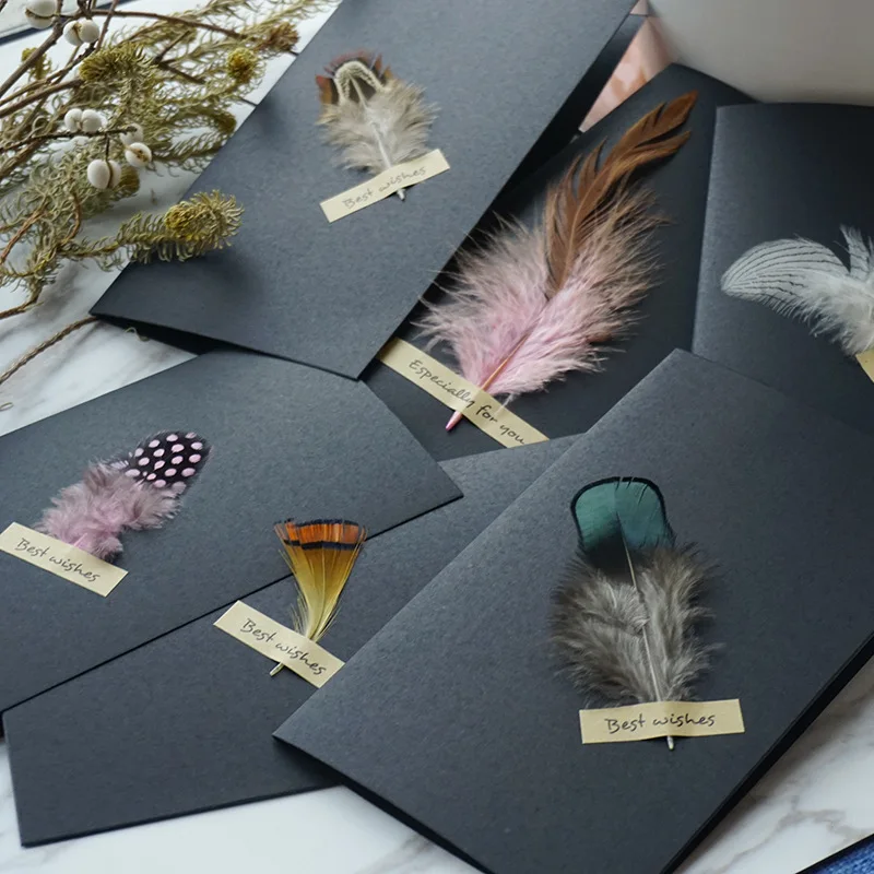 

5pcs 3D Greeting Card Set Creative Feather Black DIY Folding Greeting Card Handwritten Blessing Card Birthday Party Invitation