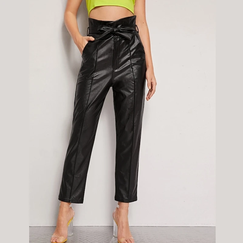 Высокая уличная Женская искусственная кожа брюки Vogue талия прямые с ремень