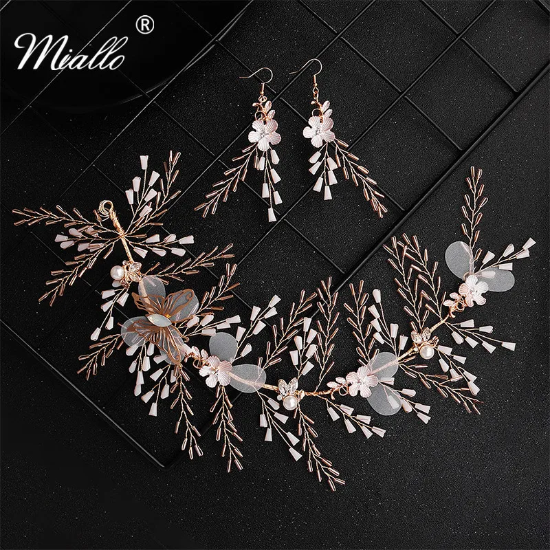 Miallo модные золотые бабочки цветы кристалл лоза для волос с серьгами Свадебные