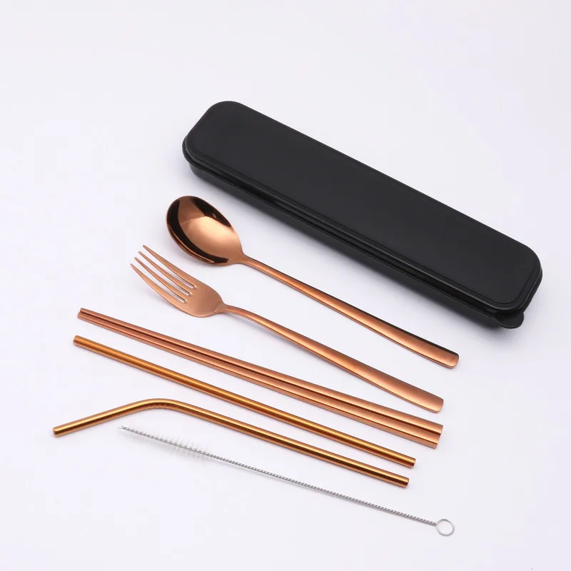 rosegold Столовые приборы для путешествий, набор столовых приборов из нержавеющей стали 6 шт., набор столовых приборов для студентов и школьников с черной коробкой, столовые приборы для путешествий - Цвет: rosegold