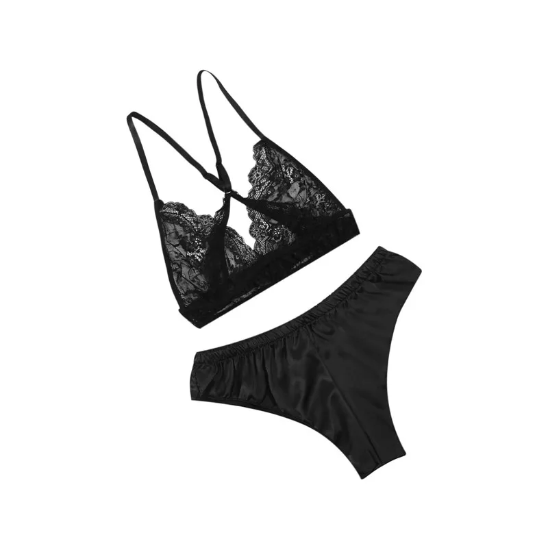 

New Women Lingerie Two Piece Exotic Set Elegant Lace Sleepwear Underwear Nightwear Perspective Bra Solid Color High Waist Panty
