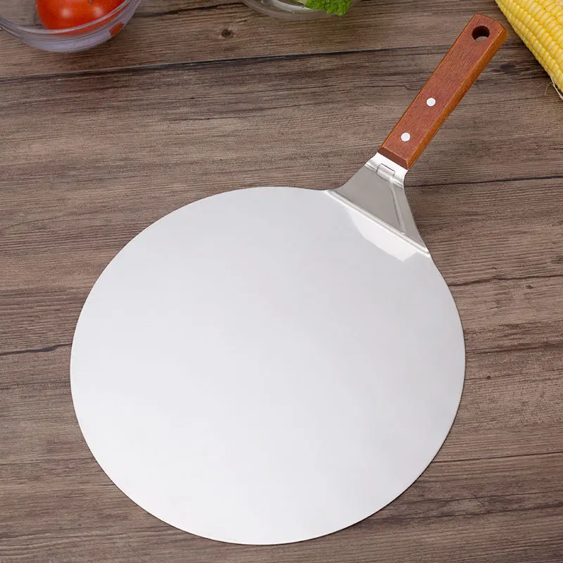 

Stainless steel pizza shovel 10 inch wooden handle big round cake shovel moving shovel baking tools small 8 in cooking pots set