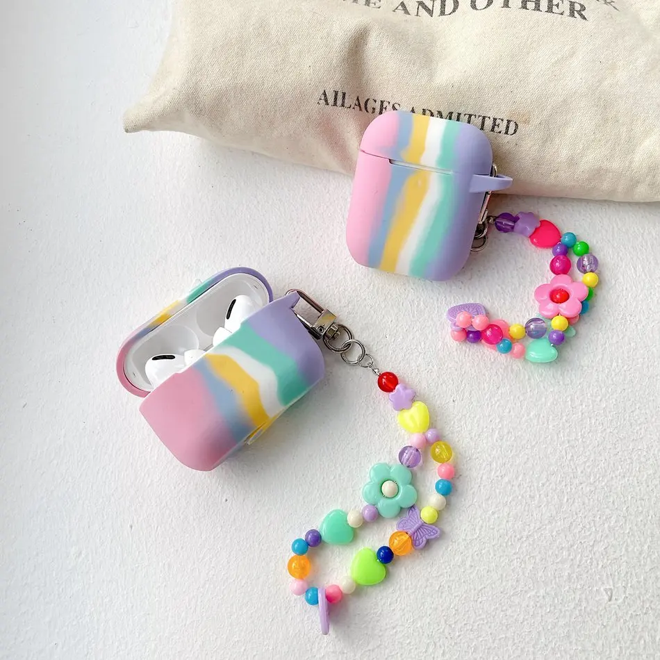 

For Airpods 2 Case for Airpods PRO fashion rainbow colorful flower Lanyard anti-lost Keychain Silicon Earphone Cover for AirPods