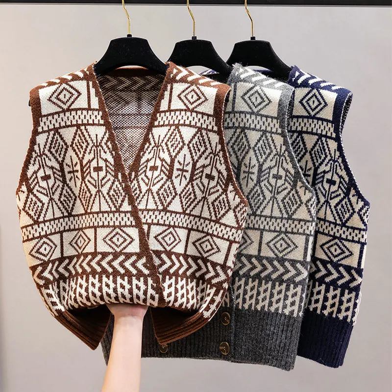 

Retro Sweater Vests Women 2022 V Neck Vintage Geometric Stripe Streetwear Tops Chic Sleeveless Knitted Waistcoat Pull Femme