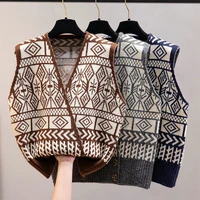 retro sweater vests women 2022 v neck vintage geometric stripe streetwear tops chic sleeveless knitted waistcoat pull femme
