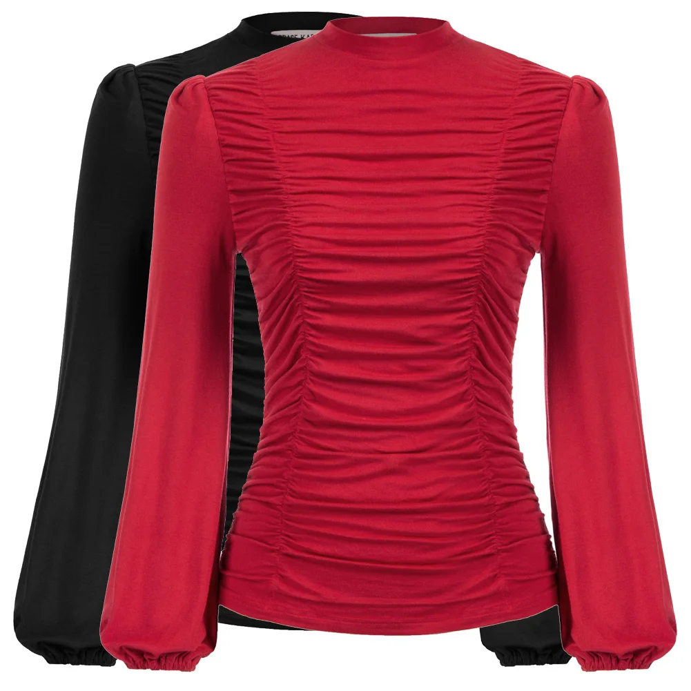 Женская блузка Grace Karin однотонная приталенная рубашка с рюшами спереди длинными