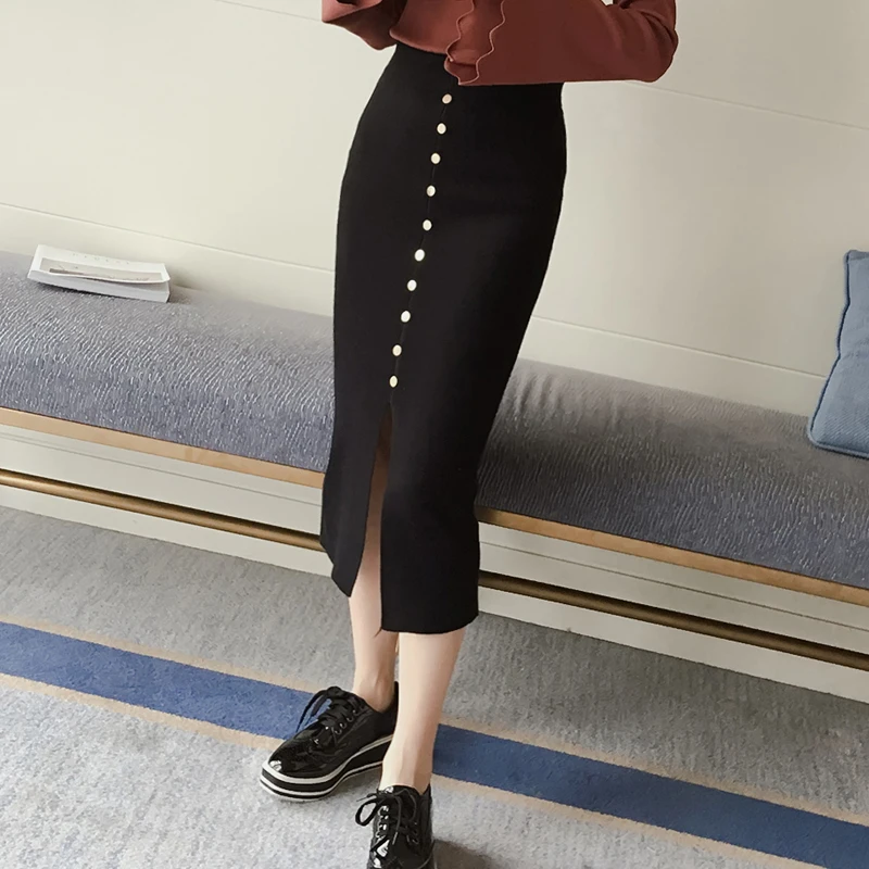 Женские юбки весна осень трикотажная однобортная высокая Талия Bodycon щелевая