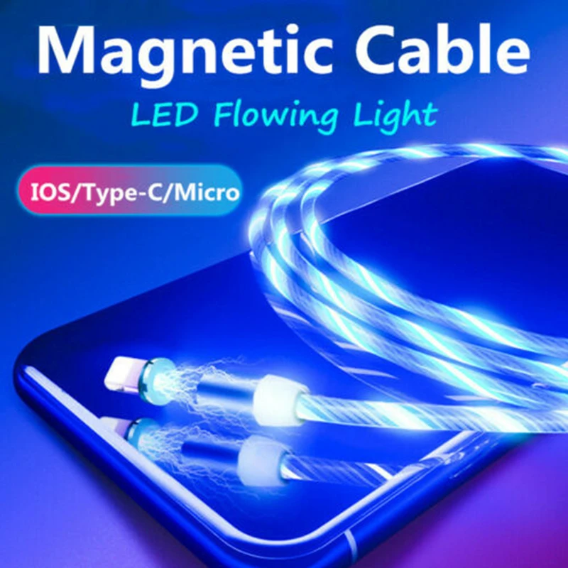 Светодиодный плавный свет Магнитный type C Micro usb зарядный кабель для iPhone 7 8