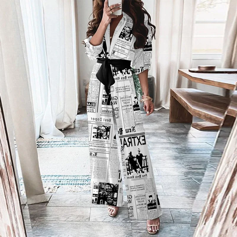 

Women Autumn Vintage Newspaper Printed Jumpsuits Lady Casual V Neck Sashes Wide Leg Pants Outfits Party Femme Jumpsuits Rompers