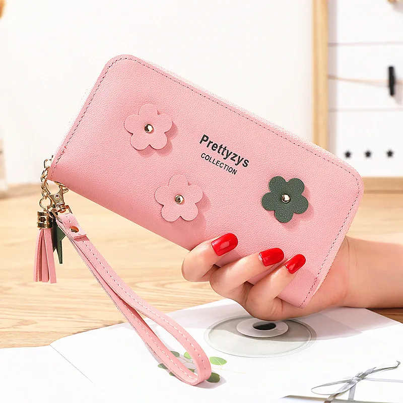 

Модные женские кошельки из искусственной кожи на молнии с кисточками, женские кошельки с цветочным украшением для монет, женские бумажники ...