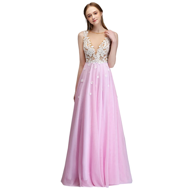 

Lace Chiffon Evening Dresses Long O-Neck A-Line Sleeveless Appliques Prom Gown Robe De Soiree For Robe Soiree And Wedding Party