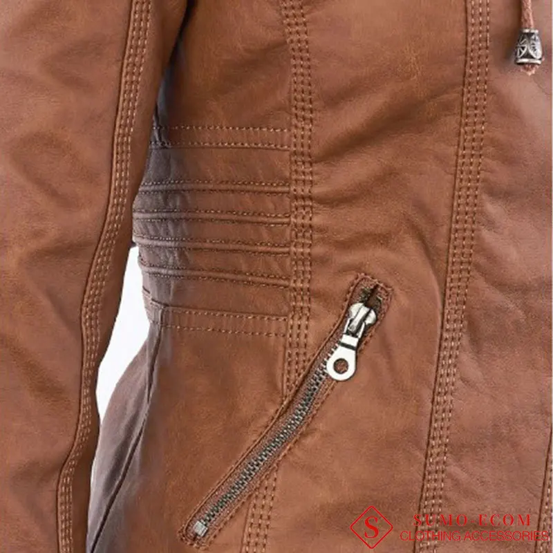 

Womens Fall Long Sleeve Coats Faux Leather Motorcycle Jacket Short Zip Up Red Brown PU Coat Detachable Hood Outwear Streetwear