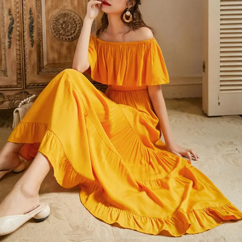 

Ankle-length Dress Solid Color Ruffle Off Shoulder Backless Dress Women Accessory Women Dress Long Dress Vintage Backless Dress