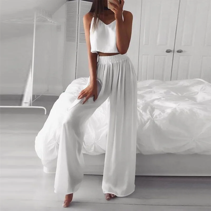 

Summer Women Two Piece Set Elegant Sling V Neck Tops And Wide Leg Pants Suits Fashion Spring Sleeveless Soft Homewear Outfit 3XL