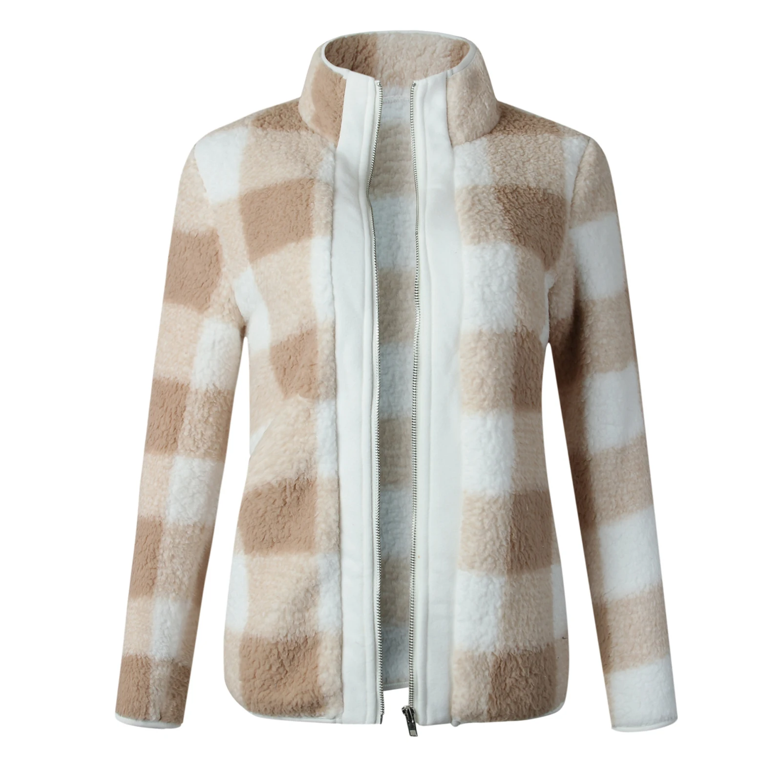 

Fashion Women Autumn Winter Stand Collar Long Sleeve Plaid Plush Coat Jacket