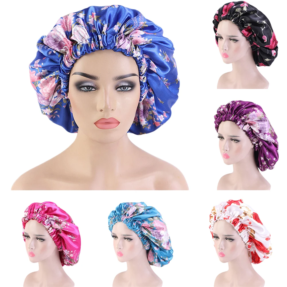 

Muslim Women Night Sleep Cap Satin Flower Print Elastic Bonnet Hat For Hair Care Head Cover Hair Loss Hat Beanies Skullie Islami