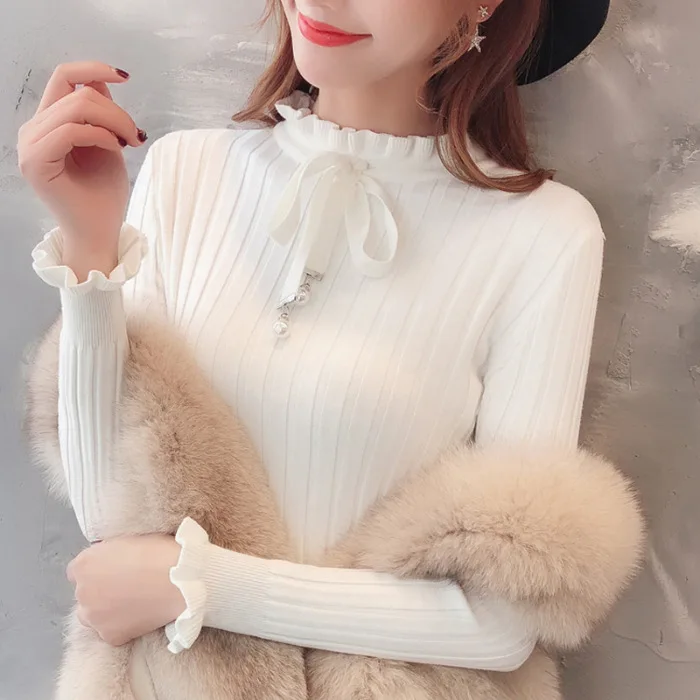 Women Slim Knitted Sweater 2019 Autumn Winter Female Petal Sleeve Knitwear Korean Style Casual Knit Pullover | Женская одежда