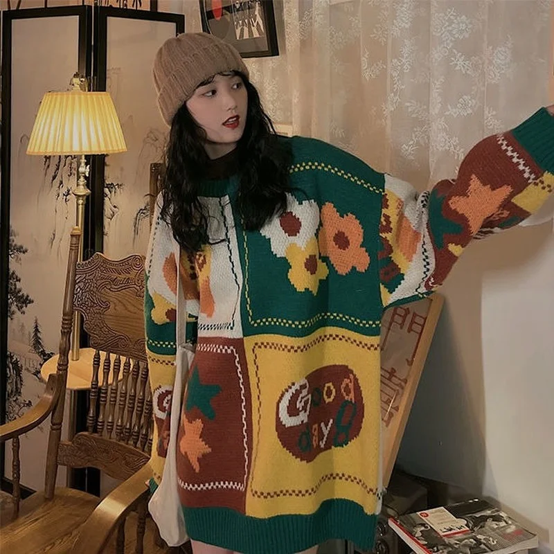 

Vintage Jacquard Loose Contrast Check Crew Neck Pullover Sweater Autumn and Winter New Lazy Style with Sweater Outside