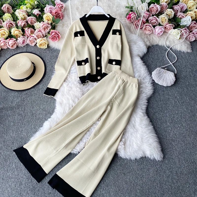 

Fashion Fall Winter Women Knitted V-neck Sets Ladies Casual Solid Cardigan Sweater & Wide Leg Pants Famale Urban Clothing Sets