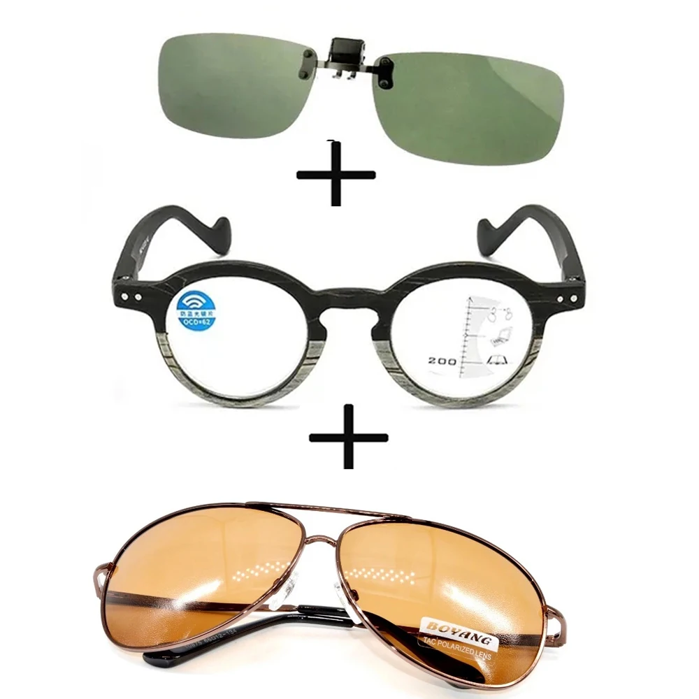 

3Pcs!!! Progressive Multifocal Far and Near Reading Glasses for Men Women + Alloy Polarized Sunglasses Pilot + Sunglasses Clip