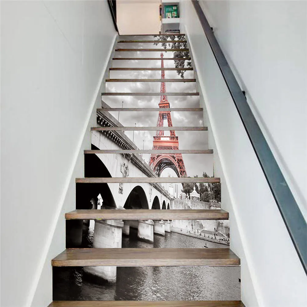 

Mordern 3D Wall Mural Eiffel Tower Stairway Stickers Stairs DIY Decals 13pcs Set Rustic Landscape Living Room Interior Decor