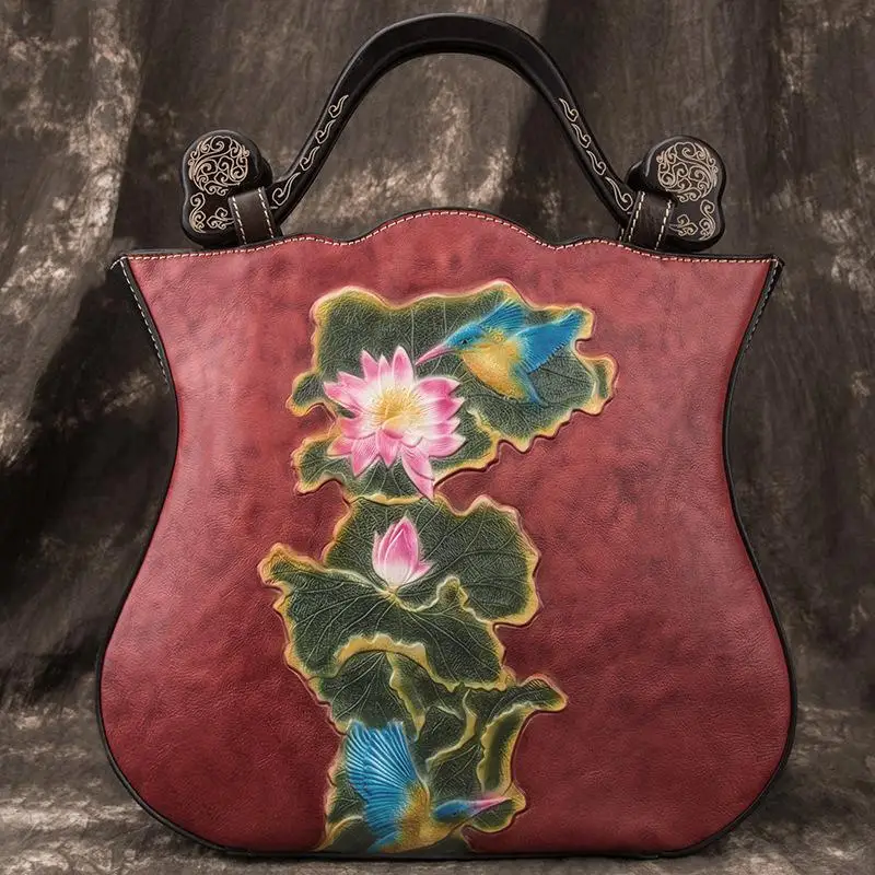 

Retro Floral Luxury Handbags Women Bags Designer 2021 New Casual Tote Genuine Leather Handmade Embossing Shoulder Bag Sac A Main