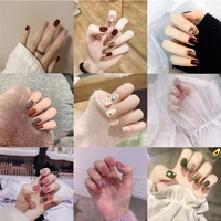 short pudding doodle white fake nail cross color shiny bow gold leaf decoration flase nail art tool beauty star nail tips
