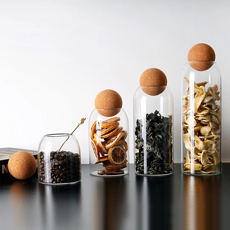 

Transparent Glass Sealed Can Food Grains Storage Tank Creative Round Cork Tea Coffee Oatmeal Containers Kitchen Seasoning Jar