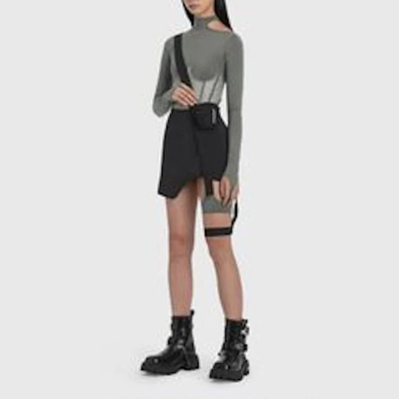 

VGH Hit Color Slim T Shirt For Women Turtleneck Long Sleeve Fake Two Sexy Short Irregular T Shirts Female Fashion New Clothing