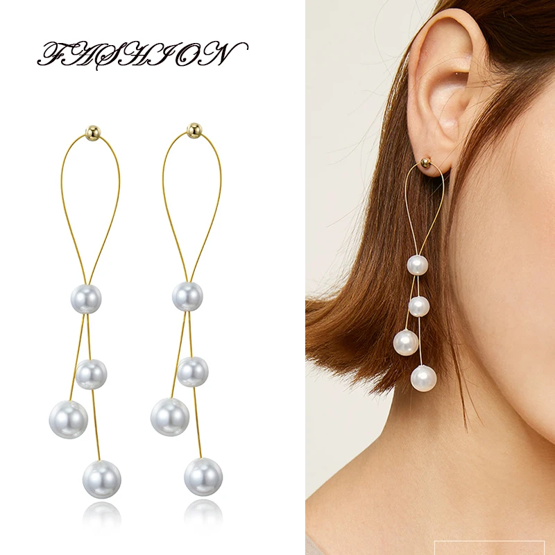 Модные женские простые Подвесные серьги с искусственным жемчугом длинные