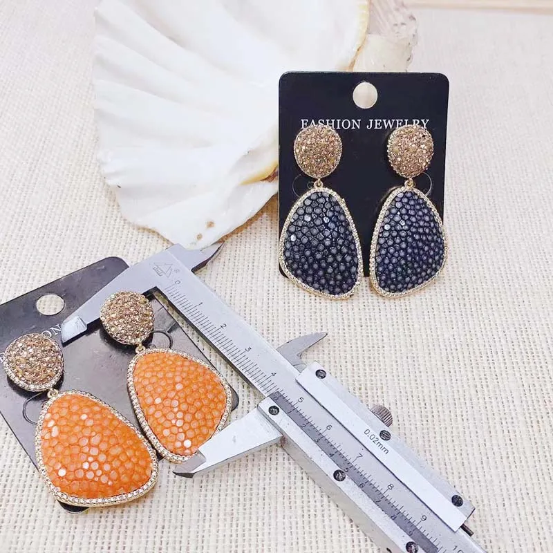 Fashion Earring Natural Hand Made Pearl fish Skin Rhinestone Bohemia personality Charm Dangle of Earring 24k Plated