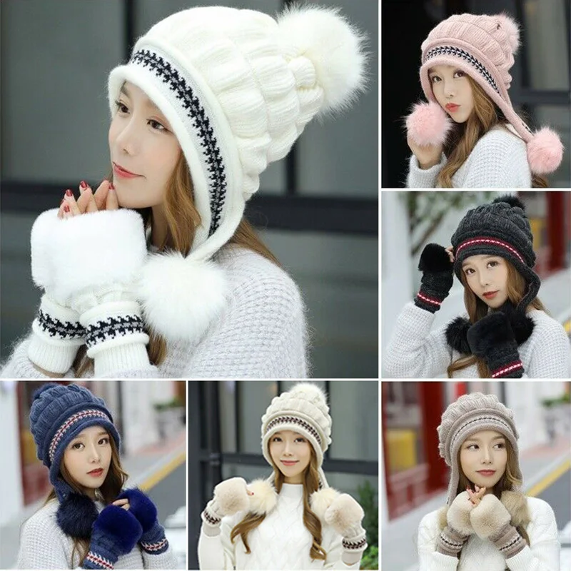 

Fashion Women Knitted Hat Gloves Set Xmas Warming Beanie Hat Full Cover Glove Kit for Winter -OPK