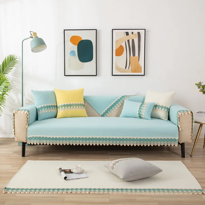 

Стеганый чехол для дивана с кружевом, для гостиной, плюшевый современный чехол для подушки, однотонное полотенце для дивана, домашний декор