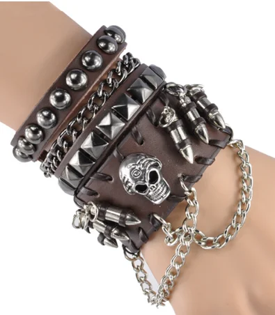 Мужской кожаный браслет с черепами модный в стиле хип хоп для мужчин и женщин