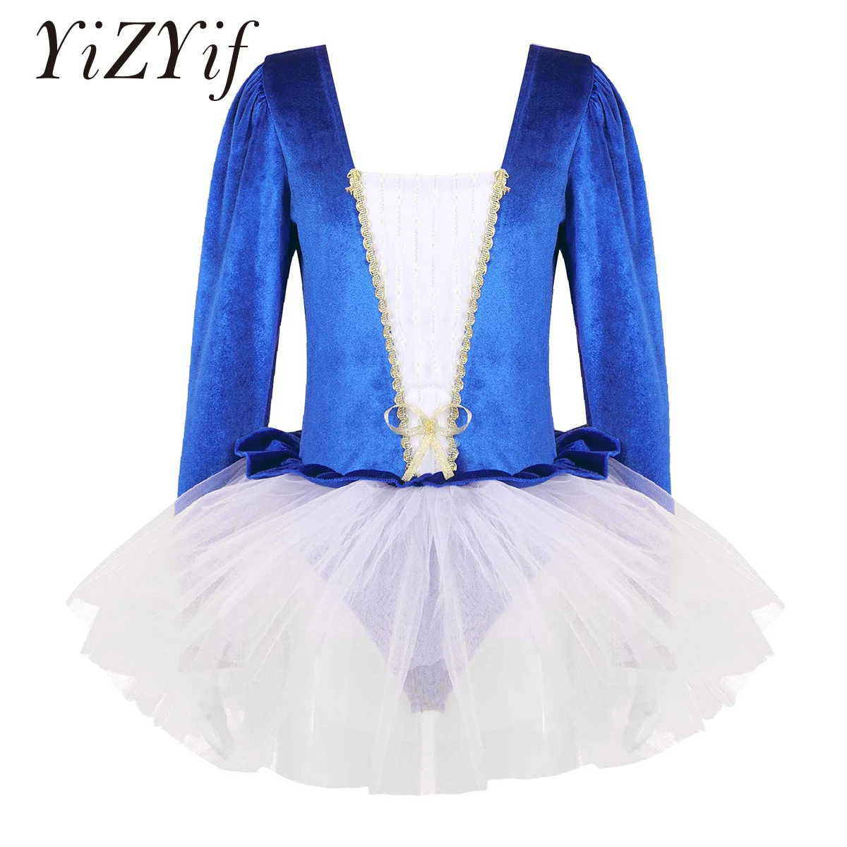 Leotardo de Ballet azul para niñas, vestido de tutú de manga larga de terciopelo con lazo de malla, Body de Ballet, leotardo de gimnasia, ropa