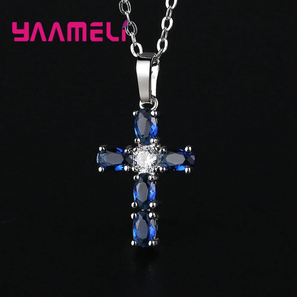 Fine 925 Sterling Silver Cross Necklace Solid Blue AAA Cubic Zircon Inlay Cross Religious Jewelry Women's Choker Collar catholic religious themes in 925 sterling silver cross imported silver pendant