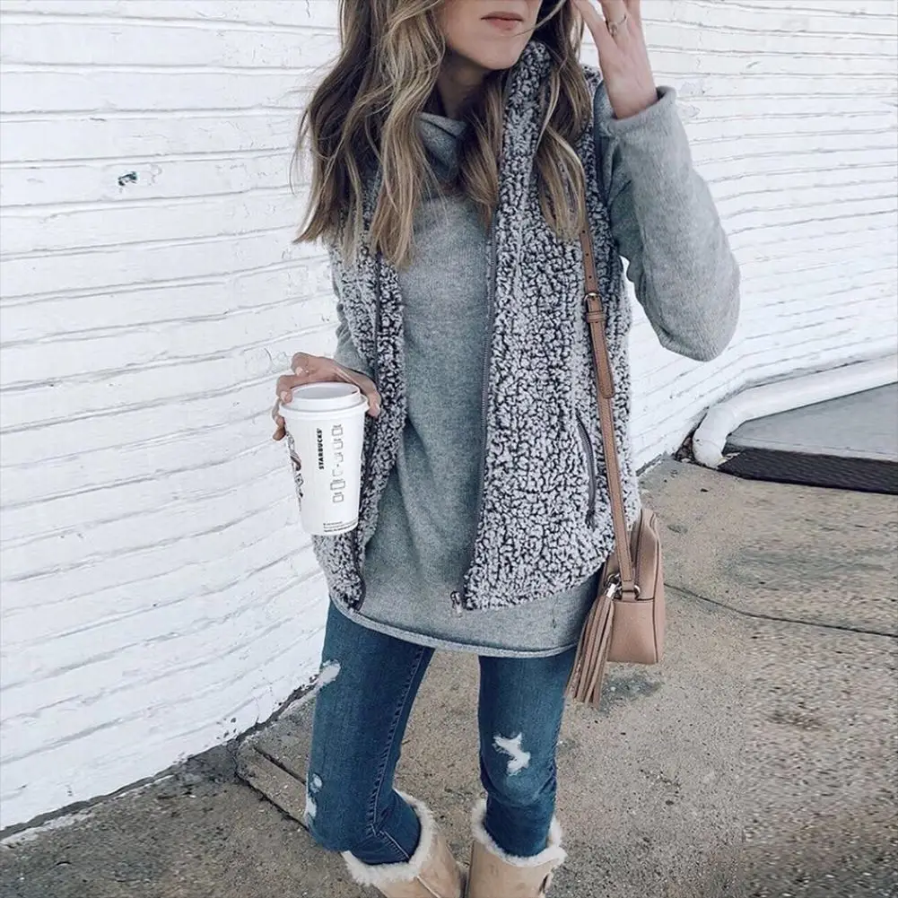 

Fall / Winter 2021 Fashion Tie Dyed Fur Zipper Pocket High Collar Vest for Women