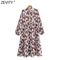 zevity new women vintage stand collar lantern sleve casual loose midi dress female tie dyed flower painting chic vestido ds4742