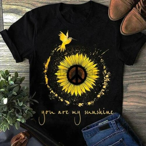 

Hippie Sunflower Hummingbird You Are My Sunshine T Shirt Black Cotton Men S-6XLCartoon t shirt men Unisex New Fashion tshirt