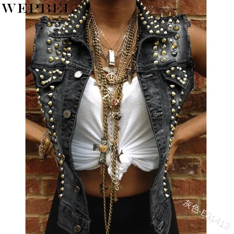 

WEPBEL Jacket Women's Casual Solid Color Rivet Slim Jacket Summer Single-Breasted Sleeveless Turn-down Collar Vest Coat