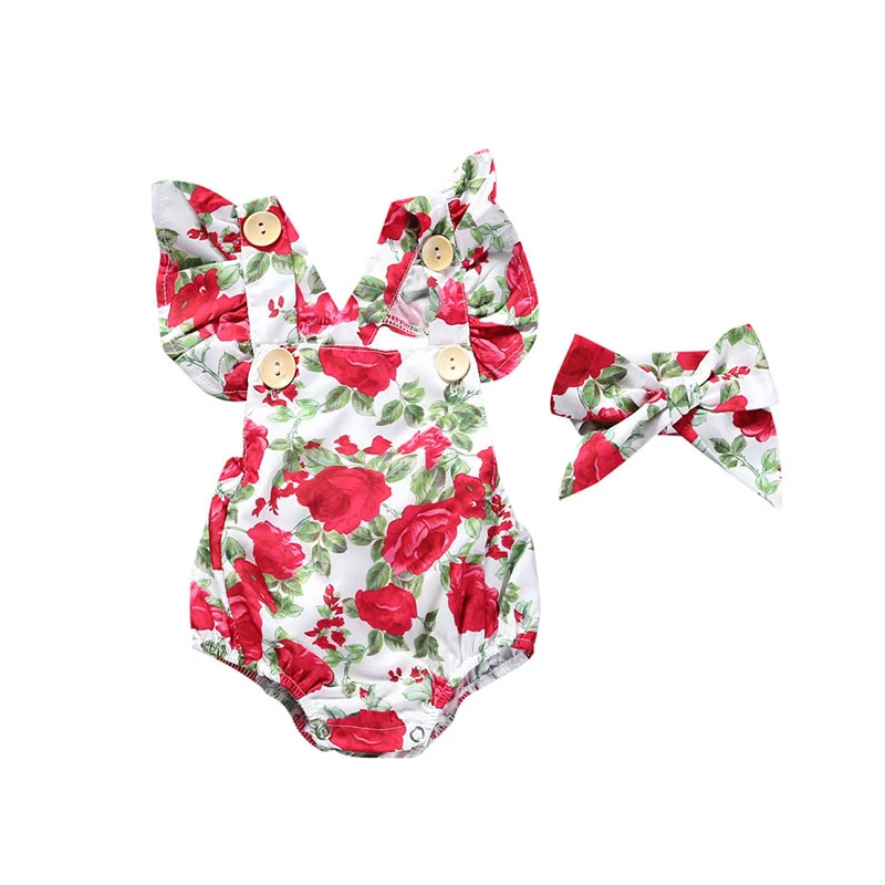 

3-24M Baby Girl Flower Ruffle Romper Newborn Jumpsuit Headband Girls Sunsuit Outfit 2pcs Baby Summer Clothing