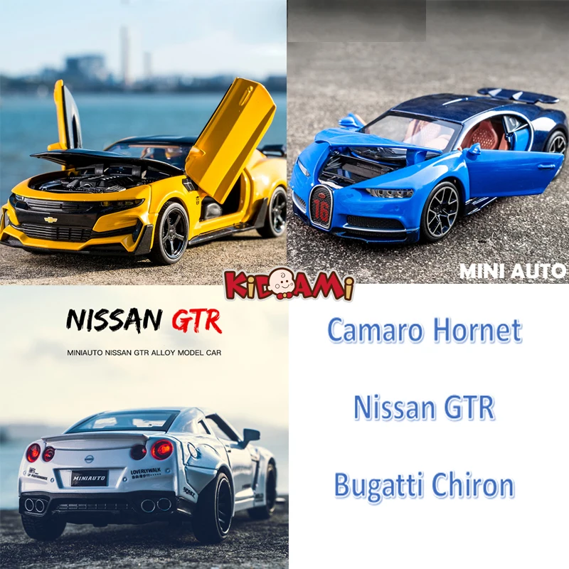 

KIDAMI 1/32 Nissan GTR Bugatti Chiron Camaro Die-cast Car Model Car Collection Pull Back Vehicle Children Toy Car Kids Gifts